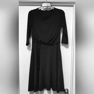 Black 3/4 Sleeve Ruched Midi A-Line Dress